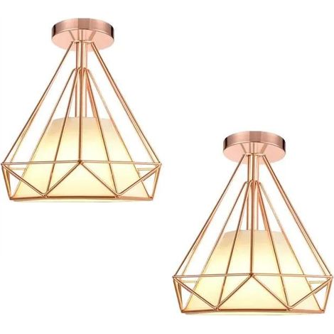 U-Do 2Pcs Plafonnier Industriel Lampe Abat - Jour Cage forme Diamant en Métal Or Rose design Vintage pour Cuisine Salon Bureau (1/4)