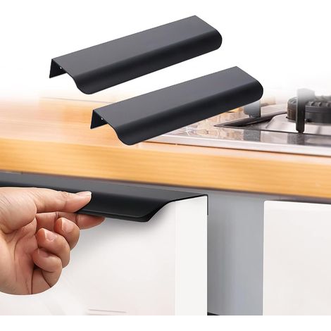 Juego de 5 tiradores para puerta de cocina, invisibles, de aleación de aluminio negro, con espacio entre agujeros de 128 mm para armarios y cajones. (1/5)