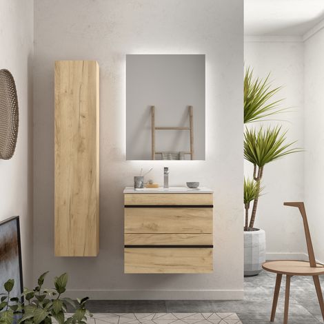 Meuble de salle de bain BORN 60cm Chêne Vasque Porcelaine (1/5)
