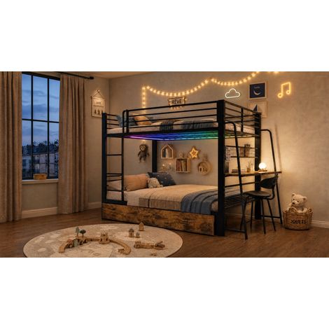 Letto a castello 140 x 200 cm con scrivania, LED RGB e prese, nero OKMYHOME (1/5)