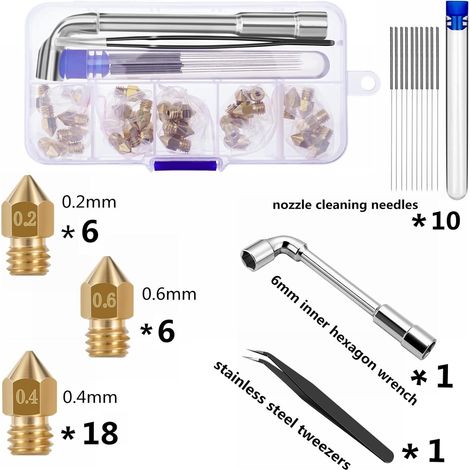 Lot de 30 buses en laiton pour imprimante 3D - 0,4 mm, 0,2 mm, 0,6 mm - Pour Ender 3 V2 / Ender 3 / Ender 3 Pro/Ender 3 Max/Ender 3 S1/Ender 3 Neo/Ender 5 Pro/Ender 5 / Ender 5 Plus/CR 10 Series