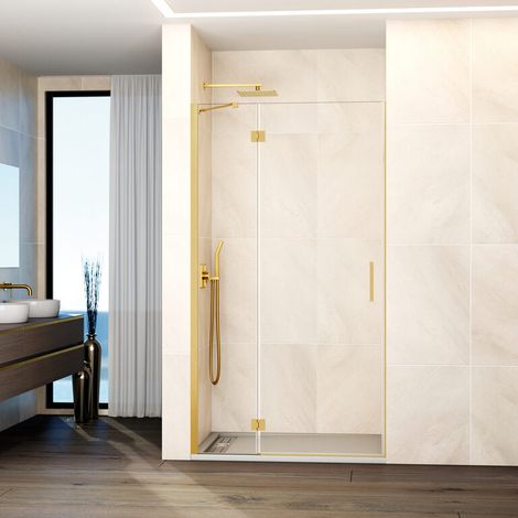 Paroi de douche frontale GLASS panneau fixe + porte pivotante avec fermeture au mur 130 cm profilé or bras de maintien réglable (60+70) (1/5)