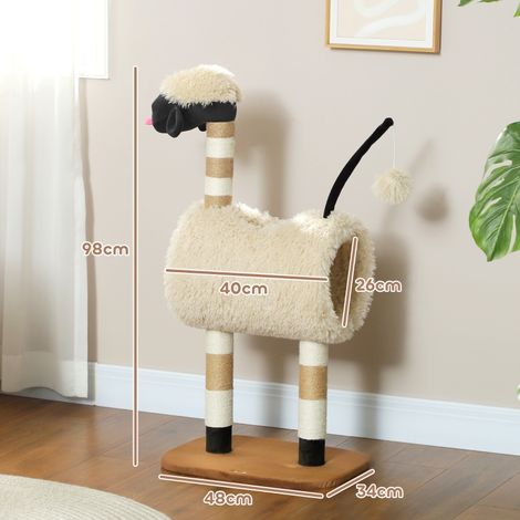 Arbre à chat design mouton avec griffoirs, tunnel et jouet, 98 cm, brun clair (1/5)
