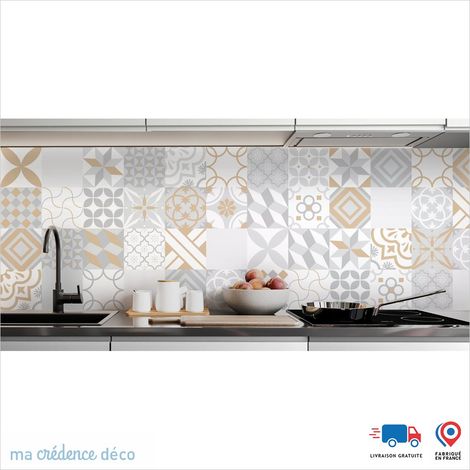 Crédence : Carreaux ciment gris et couleurs - Couleur Beige ivoire - Alu composite - 120 - 60 (1/3)