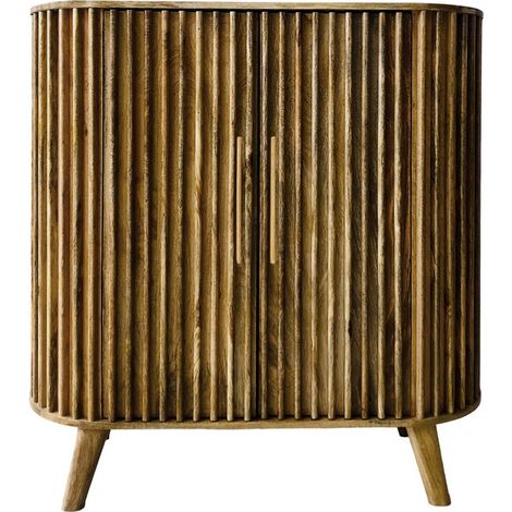 Slated 2 Door Highboard Cabinet - Mango Wood - L45 x W106.5 x H110 cm - Light Finish - Assembly Required