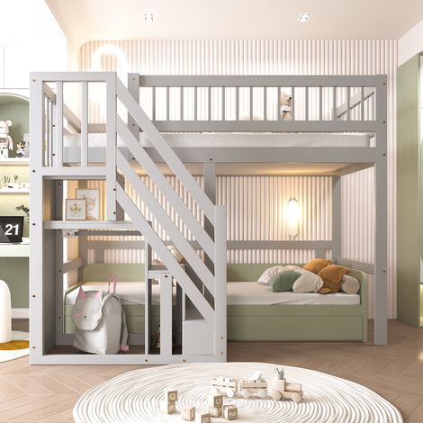 Hochbett 90x200 cm – Bett aus Massivholz – mit Stauraumtreppe und hohen Geländern – Holzrahmen – Kinderbett – Grau
