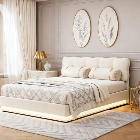 Letto 140x190 cm, LED, idraulico, con rete a doghe, letto matrimoniale, velluto, beige