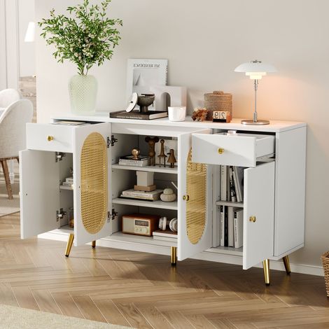 ELVMI Aparador con 4 Puertas, 2 Cajones y Estantes Ajustables para Salón o Comedor 140 × 35 × 82 cm (1/5)