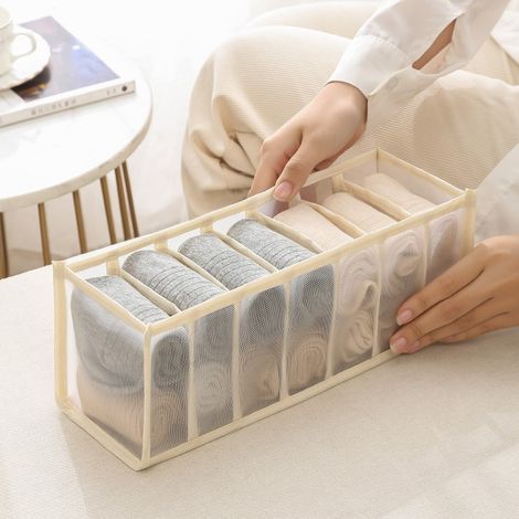 Scatola portaoggetti beige per lingerie, con 7 scomparti e un divisore per cassetti pieghevole, ideale per la casa, il guardaroba e i viaggi. (1/5)