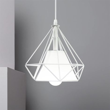 Pendelleuchte Diamant, Industri Stil Hängelampe mit Lampenschirm, Kronleuchter mit Ø20cm Eisen Käfig Edison E27 Fassung für Loft Wohnzimmer Esszimmer Weiß 1PCS