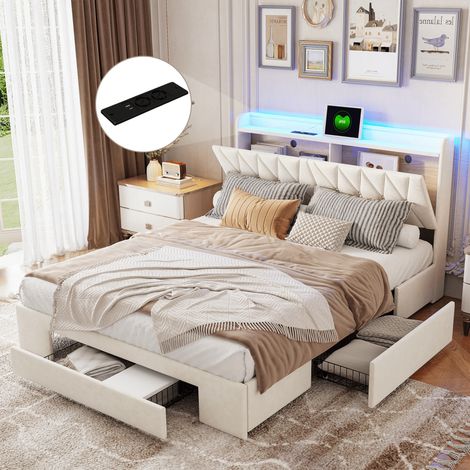 Lit double 160x200cm avec Sommier LED et USB, 3 Tiroirs, Tete de lit avec rangement, Tissu Velours, Cadre de lit 2 personnes, Beige (1/5)