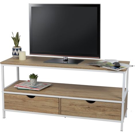 Meuble TV style classique avec 2 tiroirs collection PUEBLO – Coloris chêne clair & blanc, dimensions 120x39x57 cm
