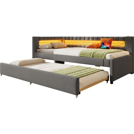 Letto a giorno 90x200 cm grigio con letto estraibile, luci LED RGB, porte USB e Type-C, struttura in tessuto e MDF, senza materasso  CHICFURN (1/5)