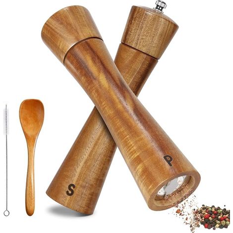 Lot de 2 moulins à sel et poivre en bois d'acacia de 20,3 cm, broyeur en céramique avec brosse de nettoyage et cuillère pour divers moulins à épices, moulin à sésame (1/5)