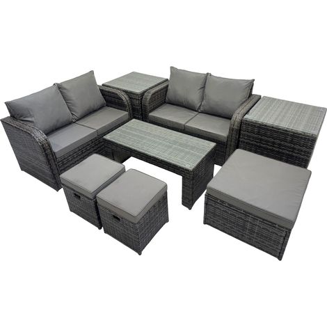 Fimous 3 Seater Sofa Reclining Chair Coffee Table Set Rattan Garden Outdoor Furniture Set with 2 Side Tables 3 Stools Dark Grey Mixed (1/5)