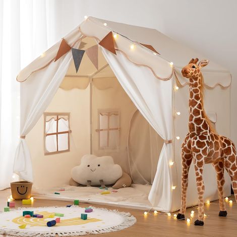 Tente Enfant 2 en1, Cabane Enfant Intérieure avec Tapis Rembourré, Lumières et Drapeaux, Tente de Jeu pour Enfants Princesse, Idéal pour la Décoration de Chambre d'enfants et Fête Beige (1/5)