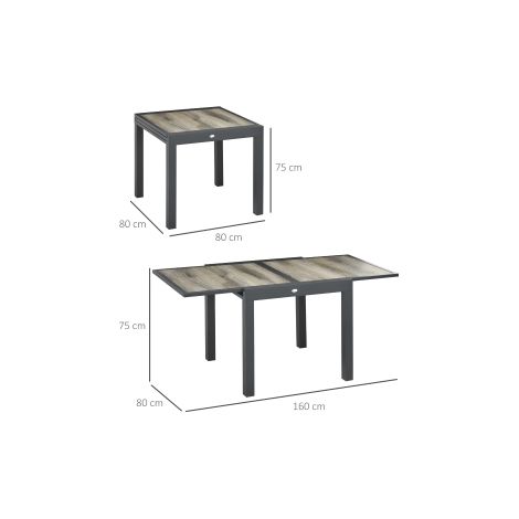 Table de jardin beige et grise en aluminium avec plateau extensible effet bois, 160 x 80 x 75 cm, pour terrasse, balcon et plein air (1/5)