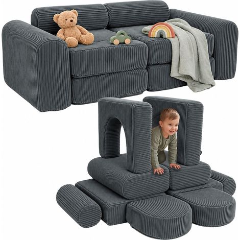 Sofá modular infantil Relaxdays, 10 pzas., bloques suaves, pana, 32 x 108 x 50 cm, gris