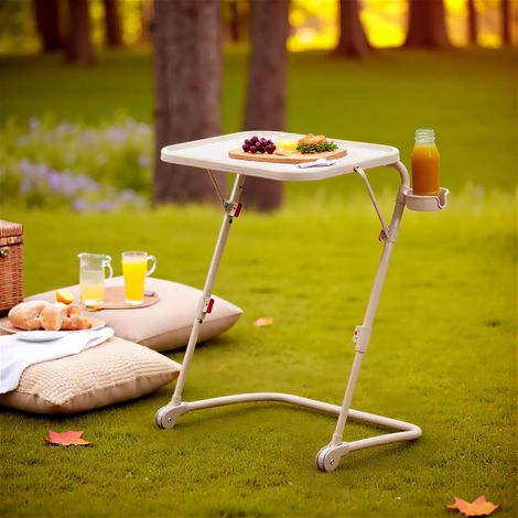 Meuble Cosy Table Pliante Réglable avec Porte-Gobelet, Petite Table Légère Pliable avec Plateau Incliné, Design Gain de Place pour Usage Quotidien et Extérieur, Beige (1/5)