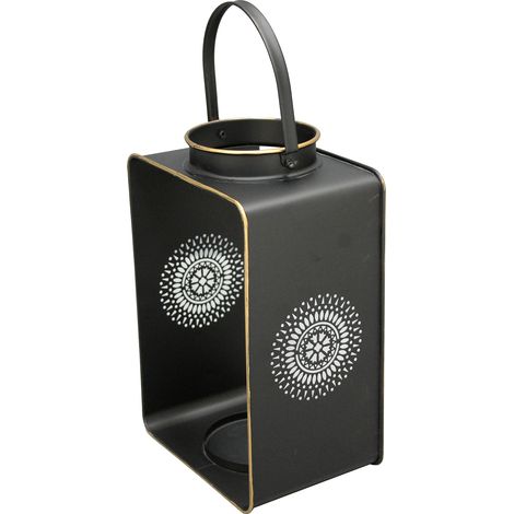 SpazioLuzio - Farol Decorativo Grande Moderno de Acero, Negro Mate y Detalles en Dorado, Estilo Elegante para Interior o Exterior, Dimensiones 32x20x15 cm