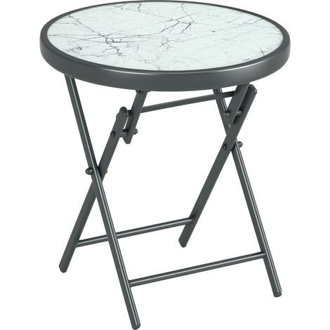 Table basse pliante table d'appoint pliante plateau effet marbre en verre trempé structure métal ronde Ø45 x 50 cm blanc (1/5)