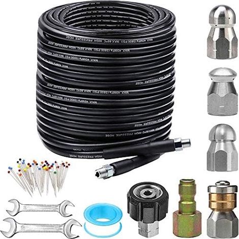 Kit de hidrolavadora de 50 pies, manguera de limpieza de drenaje de 5800 PSI, boquilla de boquilla de boquilla de boquilla giratoria y de punta de botón, con pasador de ramillete de perlas y cinta imp
