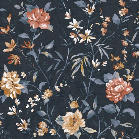 Holden Decor Oriental Trail Navy Wallpaper Flowers Floral Feature Wall (1/4)