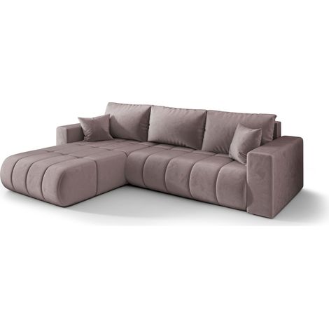 Canapé d’angle velours convertible avec coffre design ORIA angle gauche-Vieux rose-angle gauche (1/5)