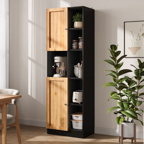 Meuble de rangement d'angle 50 x 35,5 x 170 cm, 6 étagères, 2 portes, noir et bois HAVRYA (1/5)