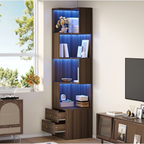 Étagère d'angle L 45x43,5x180 cm en MDF brun, avec rangement LED, pour bureau salon FloraGrace (1/5)