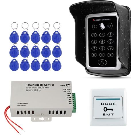 Kit de Système de Contrôle d'accès de Porte Imperméable Clavier RFID Lecteur 125KHz + Alimentation DC12V 3A + Couvercle Imperméable + 15pcs Porte-clés, sans Serrures électriques (1/5)