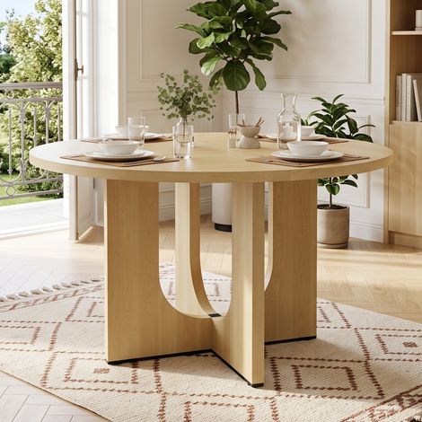 Tavolo da pranzo rotondo da 120 cm per 4-6 persone, stile scandinavo, struttura stabile, in MDF color rovere. (1/5)