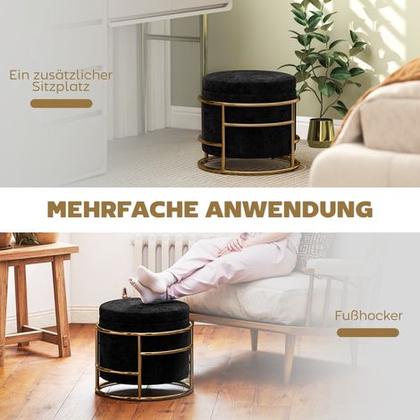 Tabouret assis avec rangement, repose-pieds rembourré, cadre en métal doré, noir (1/5)