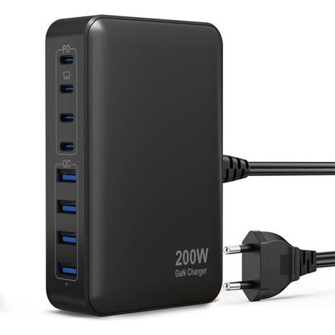 Chargeur multiport 200 W – Compatible avec téléphones, tablettes et ordinateurs portables – Noir