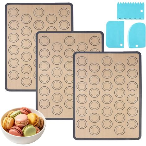 Lot de 3 tapis de cuisson en silicone pour macarons, 42 x 29,5 cm, nettoyage facile, revêtement antiadhésif, avec grattoir bleu, pour gâteaux, pain, biscuits, pizza (1/5)