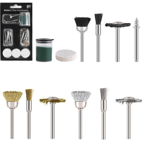 Kit de cepillos de lijado para herramientas rotativas - Juego de 17 piezas, vástago de 3 mm, acero resistente, para decapar y pulir. (1/5)