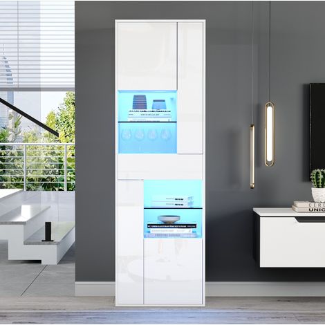 MODFU – Vetrina LED 55x38x170 cm in truciolato con 1 cassetto, 4 armadietti, ripiani regolabili, LED tramite app e anti-ribaltamento – Bianco (1/5)
