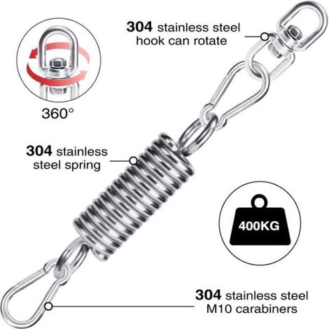 Crochet Ressort Hamac - Acier Inoxydable 304 - Anneau Rotatif 360° - Pour Balançoire Extérieure et Chaise Suspendue - Lot de 3 Crochets + 1 Anneau (1/5)