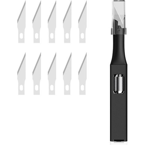 Präzisions-Bastelmesser mit 10 Ersatzklingen, Aluminiumgriff, Schwarz