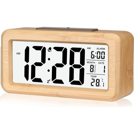 Despertador digital de bambú fácil de configurar con indicador de temperatura, despertador digital para el dormitorio. (1/5)