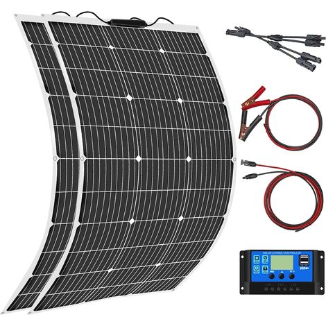 200W Kit Panneau Solaire Souple 2 x100W 18V Monocristallin Photovoltaïque Module avec 20A Charge Contrôleur pour Camping-car, Toit, Caravane, Voiture, Bateau, 12V/24V Batterie (1/5)