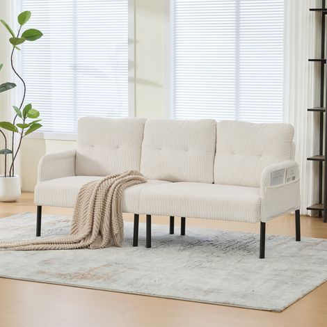 Divano 3 posti in velluto a coste beige 171 x 72 x 80 cm con tasca laterale e struttura in metallo