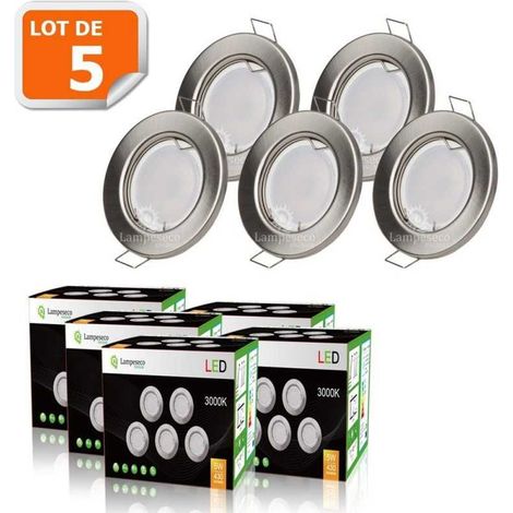 Lot de 5 spot led encastrable complu00e8te ronde fixe alu brossu00e9 eq. 50w blanc chaud (1/4)