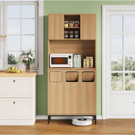 Mobile pattumiera cucina 80x35x181 cm naturale in MDF con 3 scomparti, vano microonde e spazio per robot aspirapolvere (1/5)