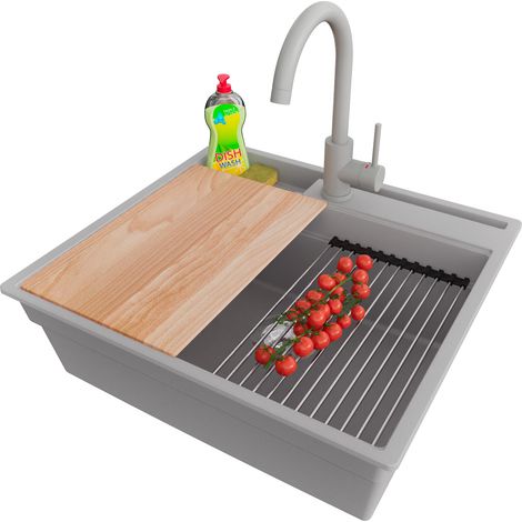 PRIMAGRAN Evier Cuisine en Granit 58x53cm,Lavabo 1 bac + Robinet 32x20cm + Kit de Vidage + Accessoires, Évier à Encastrer au meuble 60cm - Oslo Pocket, Gris (1/5)