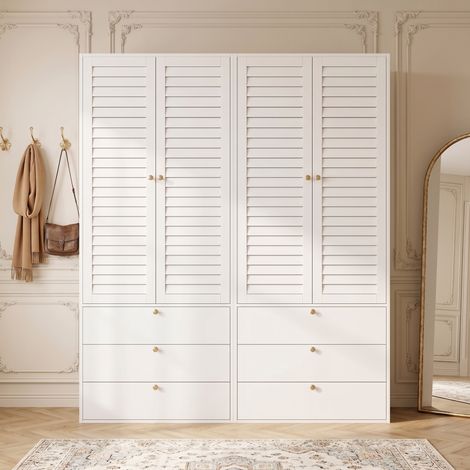 Armoire à 4 portes, élégantes portes persiennes, blanche, 180 x 50 x 200 cm, armoire à portes battantes, avec 2 tringles à vêtements, 6 tiroirs, armoire moderne, idéale pour une chambre à coucher ou u (1/5)