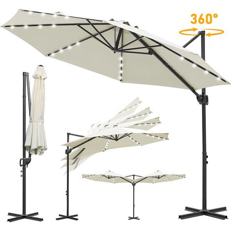 Jiubiaz Parasol déporté 300 cm beige avec LED solaire, rotation 360°, inclinable 0–60°, toile polyester 200 g/m² UV50+