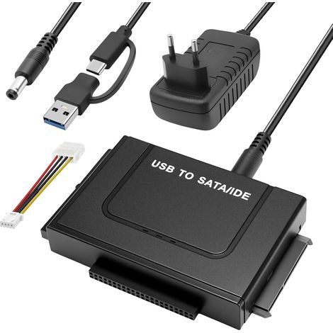 Adaptateur de disque dur 6 Gbps USB3.1 vers IDE/SATA 2,5/3,5" IDE SATAHDD - Pour câble USB Windows 11/10/8/7/XP/Vista - Avec bloc d'alimentation 12 V/2 A - Câble SATA (1/5)