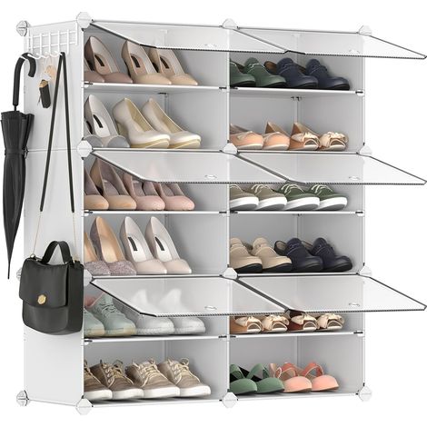 1 Étagère à chaussures 6 compartiments, Structure acier, Panneaux plastique, Portes transparentes, Pour couloir