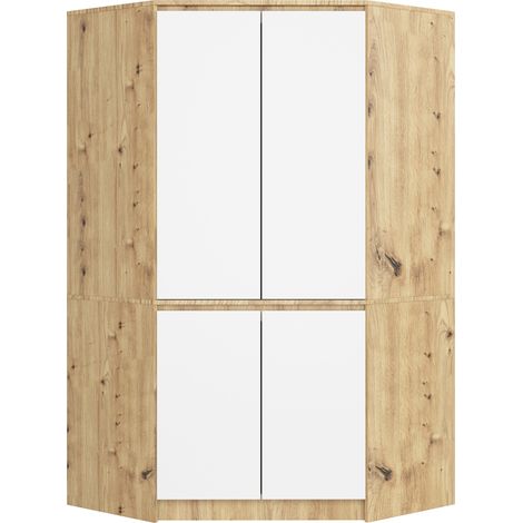 Akord – Armoire d'angle 100 cm 4 portes – Façade blanche mate – Corps en chêne artisan – 6 étagères – Dimensions 100x50x180 cm